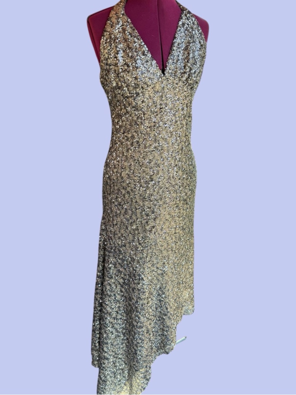 Anna Sui Silver Sequin Asymmetrical Halter Gown